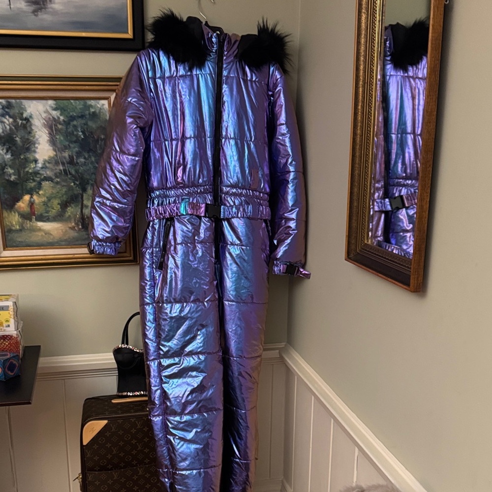 DOLLS KILL L Large Purple Snowsuit Black Fur AURORA BEAM Apres Ski Tipsy elves